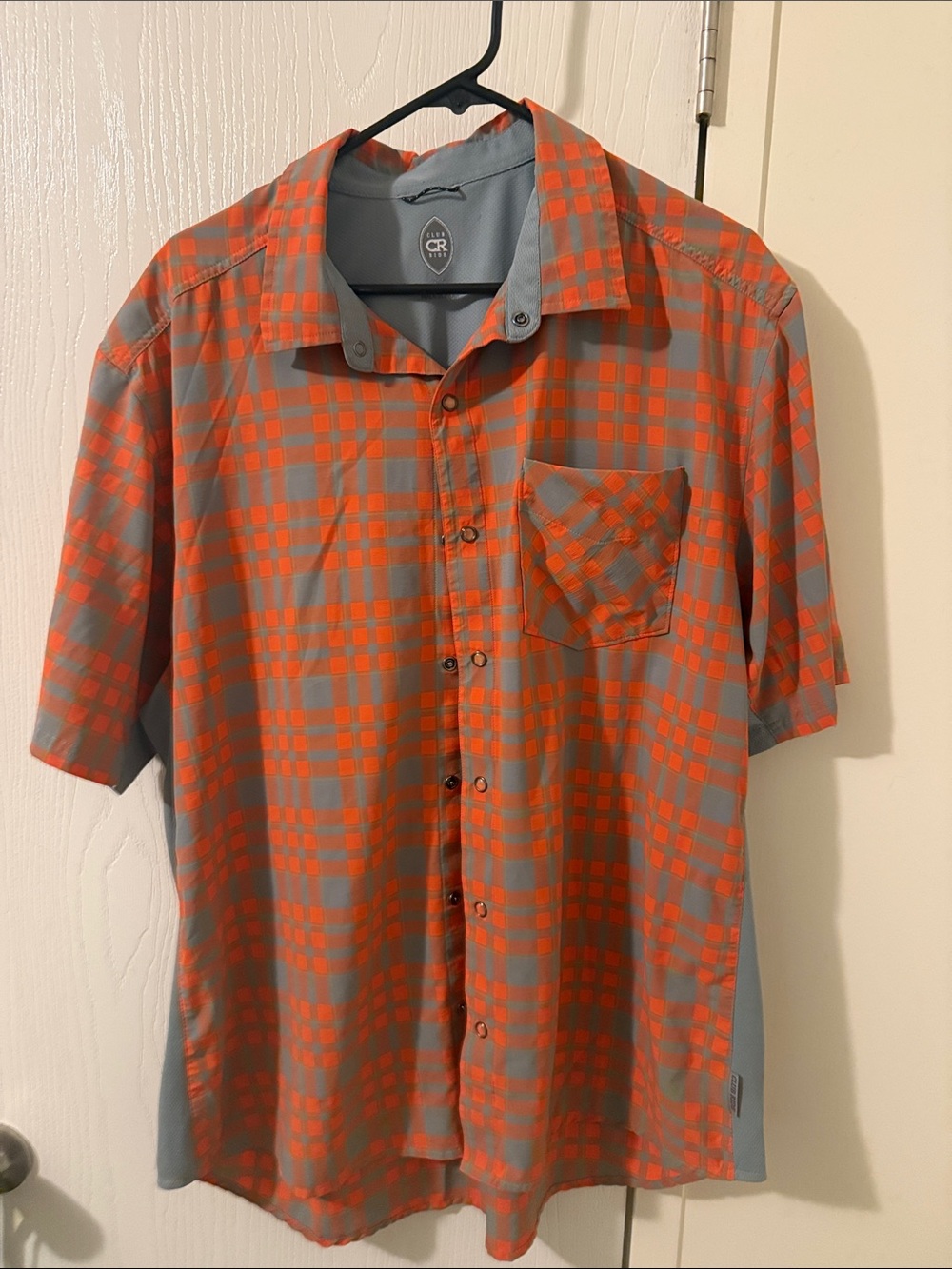 Men’s Club Ride Apparel Orange and Gray Plaid Short-Sleeve Shirt, size XL
